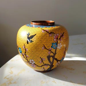 Vintage Chinese Yellow Cloisonne Bird and Plum Blossoms Vase Cloud Cloisons Blue Ruyi Trim