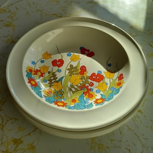 Vintage Wedgwood Hegderow-saladeborden uit de jaren 70 Soepkommen Retro Mod Flowers Set van 3