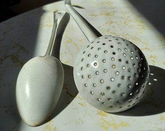 Vintage White Enamelware Serving Spoon and Strainer Ladle Enamel Cooking Utensils