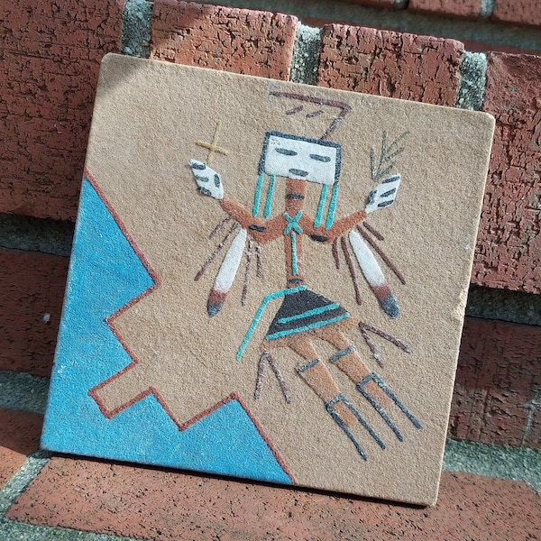 Vintage E. Yazzie Native American Sand Art Square Plaque Tribal Kachina Southwest Decor