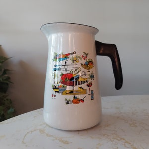 Vintage MCM Berggren Enamelware Pitcher Sweden Multi-Color Holiday Feast Theme