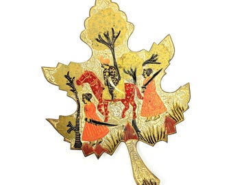 Vintage Enamel Brass Leaf Dish: Hand-Painted Pakistani Wall Decor