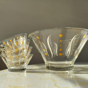Vintage MCM Gold Dot and White Scroll Glass Chip and Dip Snack Bowls Set