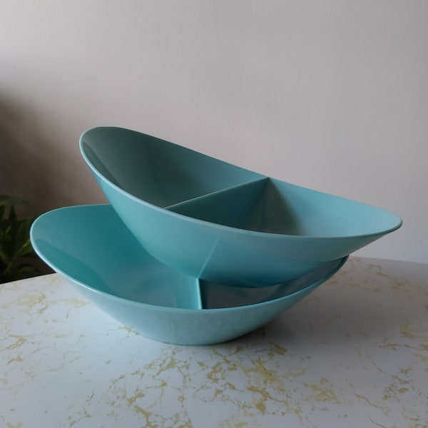 Vintage MCM Aqua Melamine Divided Oval Serving Bowls Mid Century Modern Turquoise Melmac Serve Ware Set of 2