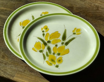 Set di 2 piatti piani vintage anni '70 Stonybrook in gres con decorazione floreale gialla, diametro 28 cm.