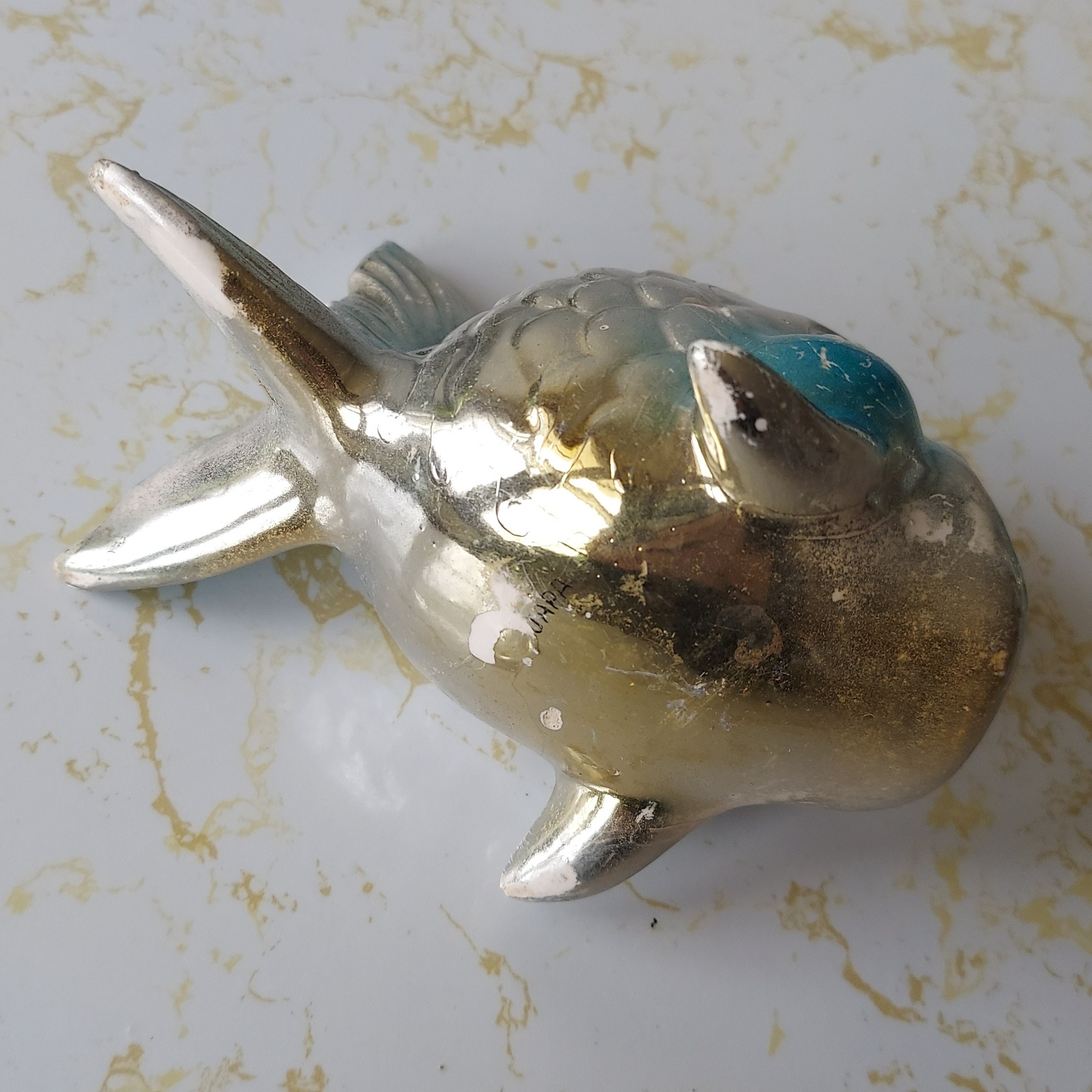 Vintage Iridescent Blue Silver Gold Ceramic Fish Ashtray