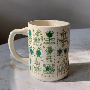 Vintage MCM Ceramic Mug: Atomic Birds, Fish, Flowers - Made in USA