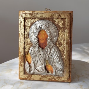 Vintage Eastern Orthodox Religious Icon Jesus of Pantocrator Gilt Wood Religious Wall Plaque