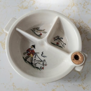 Vintage Hankscraft Baby Food Warmer: Rabbit Hunting Scene Ceramic Dish