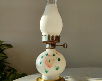 Vintage Handpainted Frosted and Milk Glass Floral Hurricane Accent Lamp with Nightlight Base