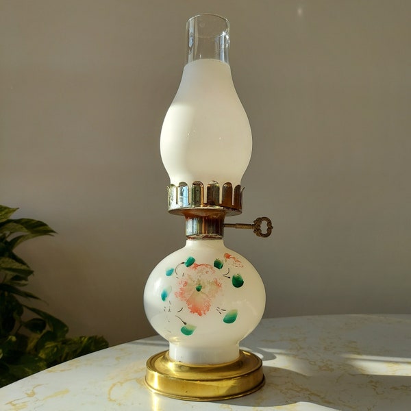 Vintage Handpainted Frosted and Milk Glass Floral Hurricane Accent Lamp with Nightlight Base