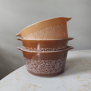Vintage Pyrex Woodland Casserole Dishes: Brown Floral Bakeware Set *No Lids*