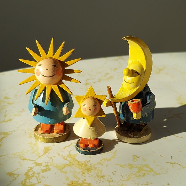 Vintage Erzgebirge Wendt & Kühn Mondfamilie Mother Sun Father Moon Star Child WUK Moon Family Wood Figurines Set of 3