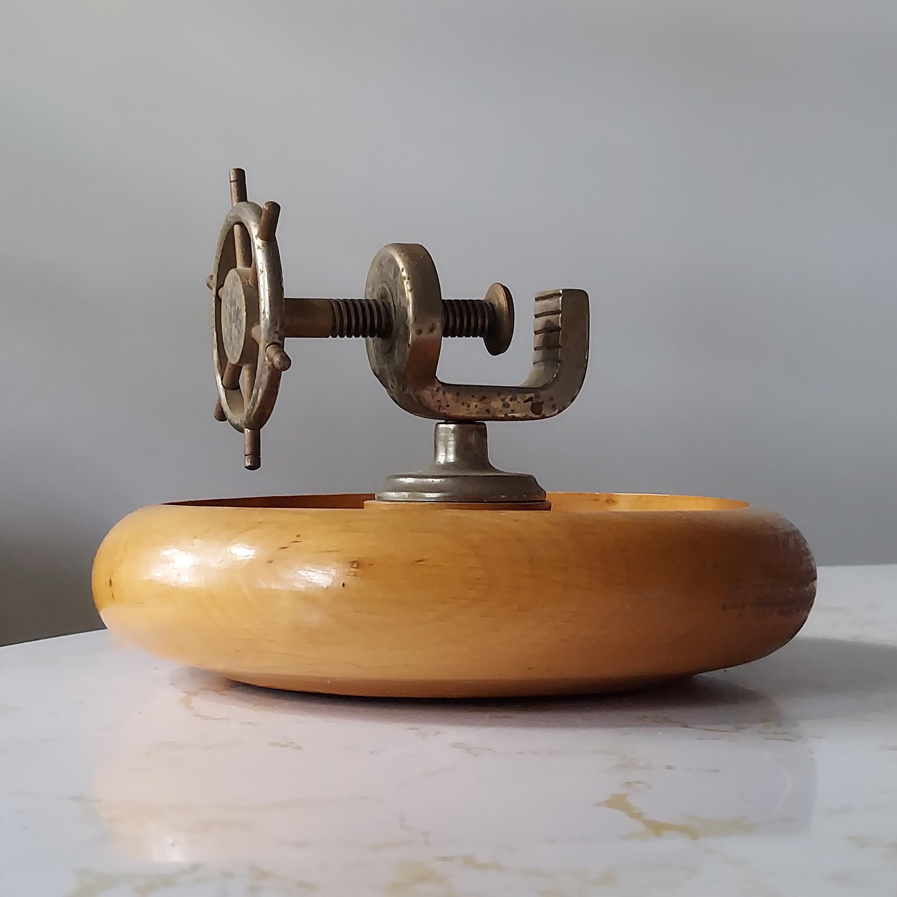 Retro Ship's Wheel Nutcracker: Mid Century Nautical Wood Bowl