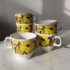 Vintage Grindley Mayflower Ironstone Cups and Saucers: Retro Floral Set of 5