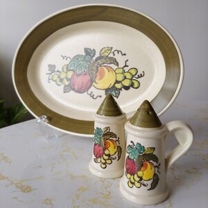 Vintage Metlox Poppy Trail Green Provincial Fruit Stoneware Platter and Salt and Pepper Shakers