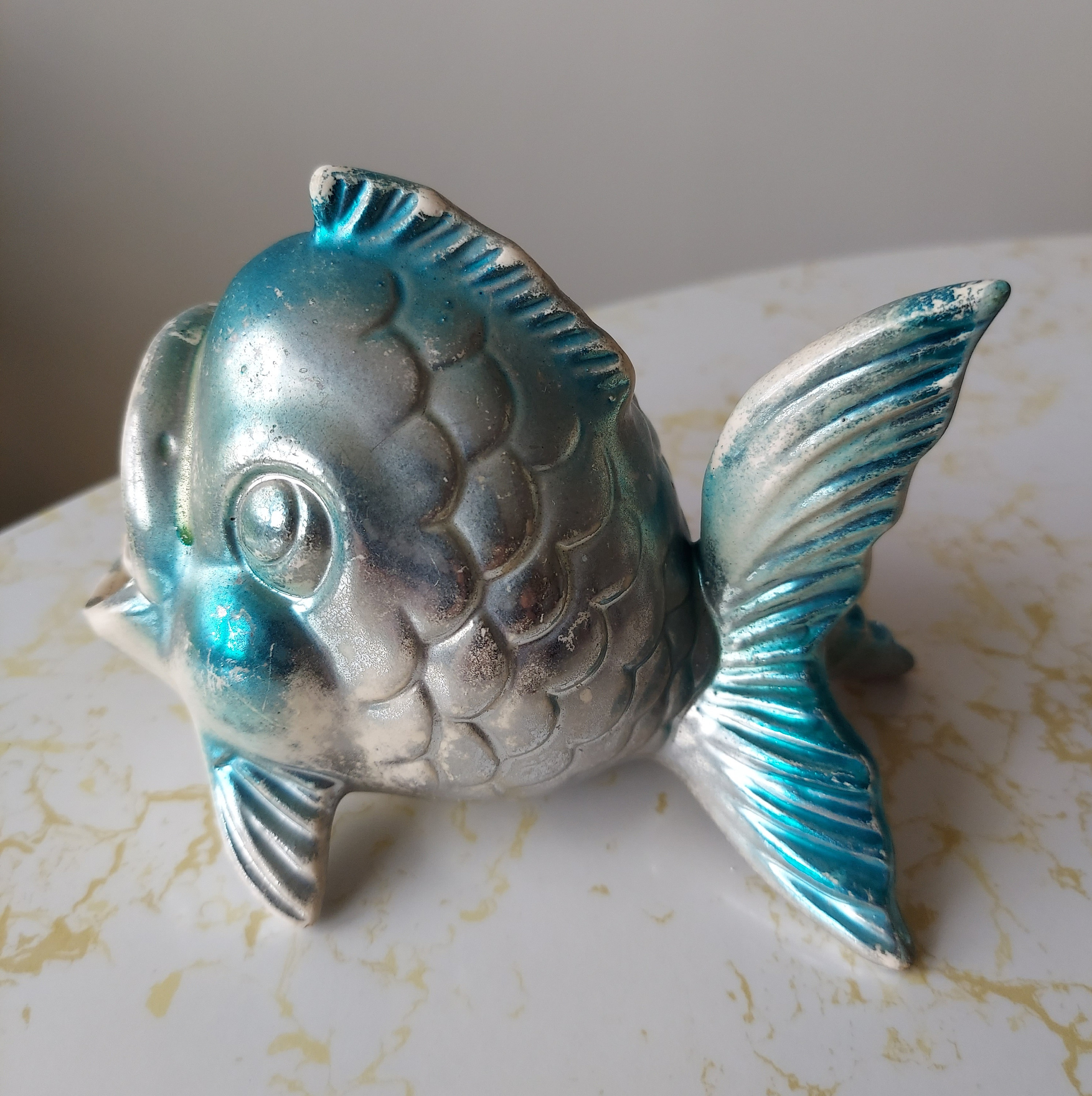 Vintage Iridescent Blue Silver Gold Ceramic Fish Ashtray Vintage Iridescent Blue Silver Gold Ceramic Fish Ashtray