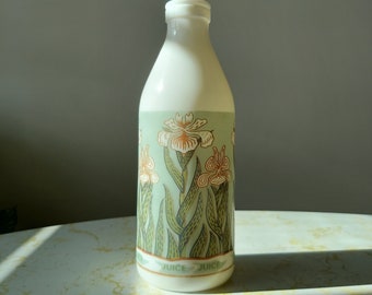 Vintage Mid Century Egizia Italy Art Nouveau Floral Iris / Lily Milk Glass Juice Bottle Vase Carafe