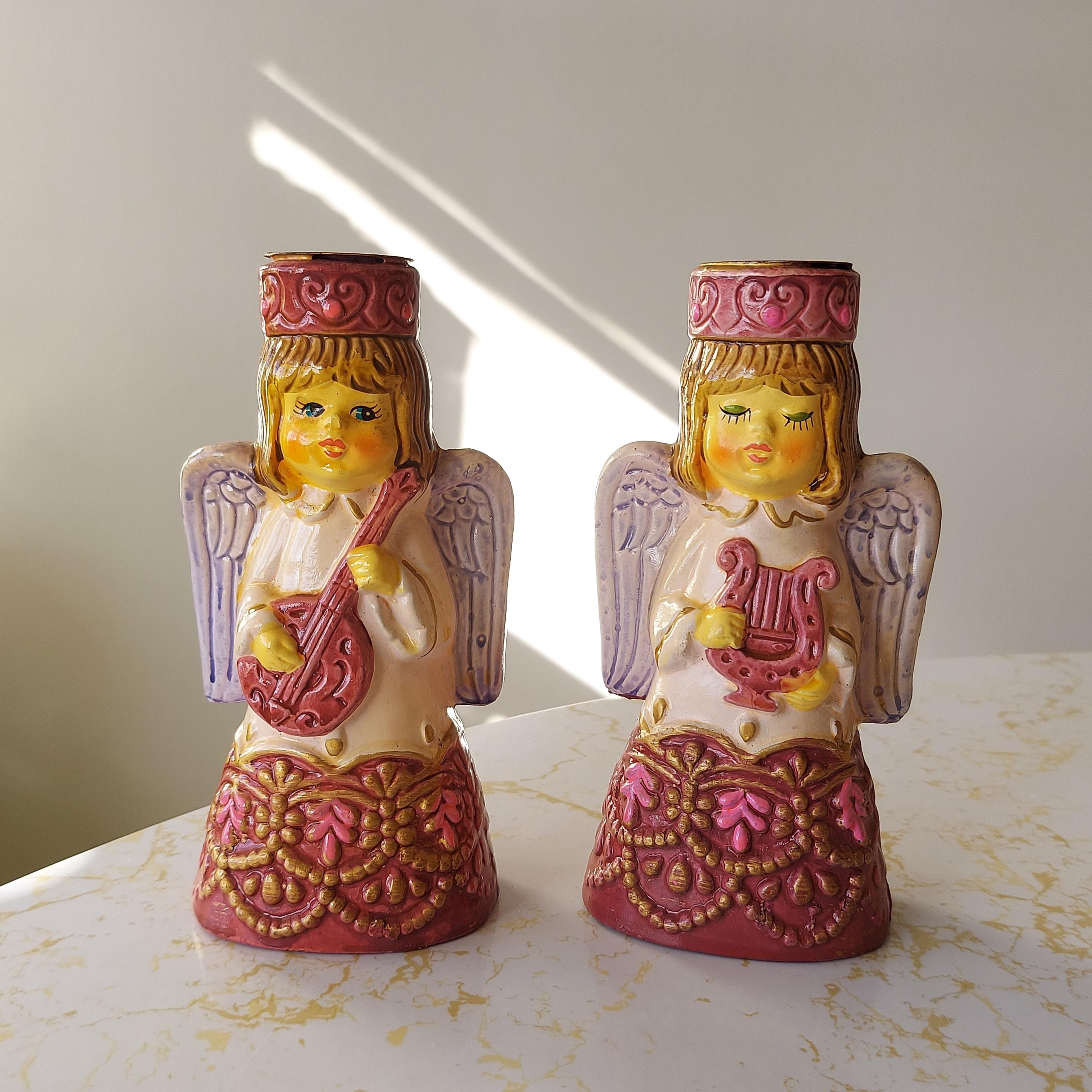Vintage Commodore Japan Pink Purple Christmas Angel Candlestick