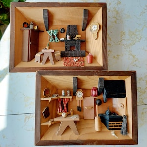 Vintage Enesco köksvägg i trä från 1970-talet, skugglåda, bondgårdsdioramor, set om 2