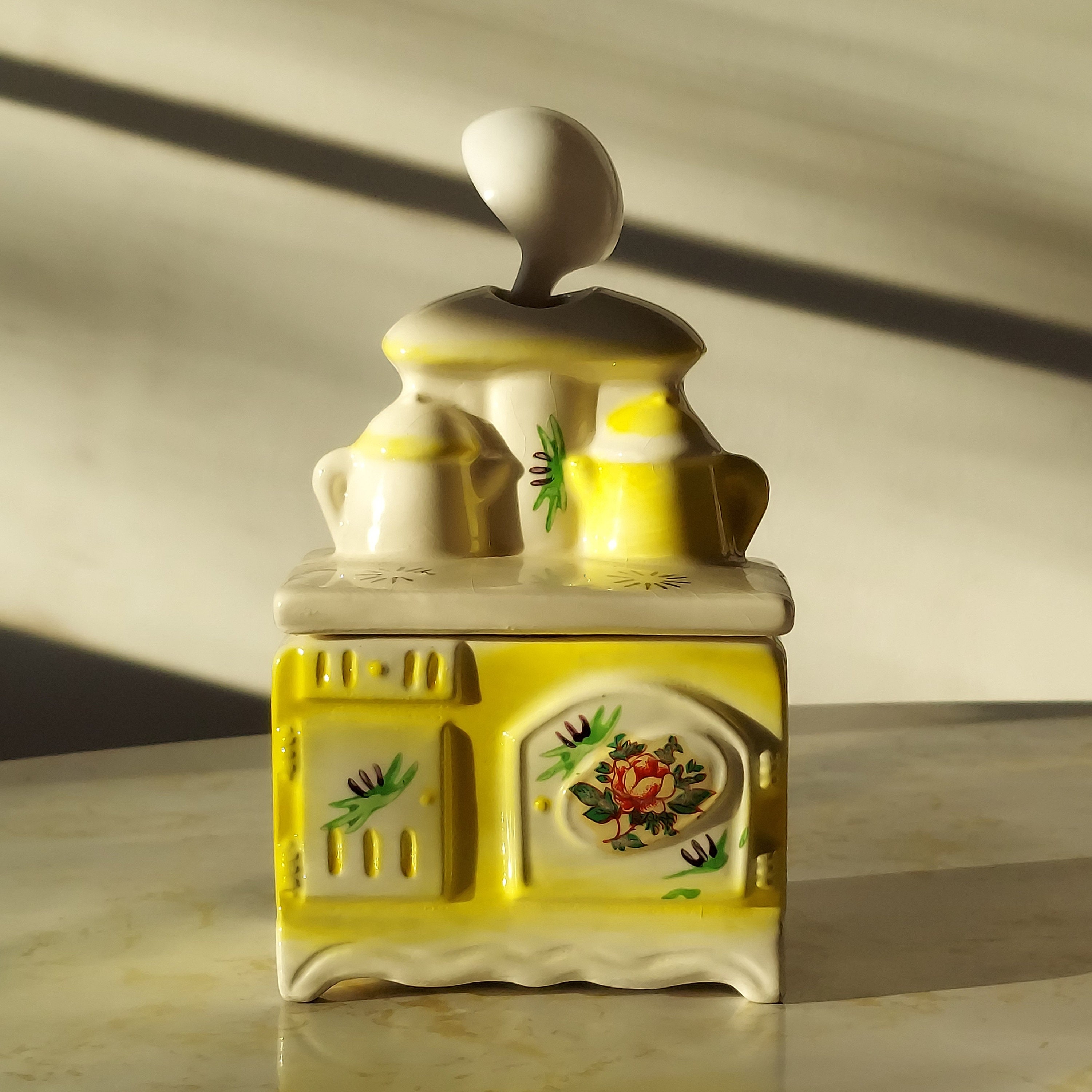 Vintage Ceramic Stove Sugar Bowl: Yellow Floral Kitchen Decor