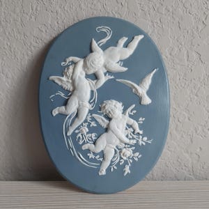 Vintage Plasterware White Cherubs on Blue Oval Plaque, Classical Bas-Relief Cameo Medallion, Wedgwood-Style Faux Jasperware Wall Plaque