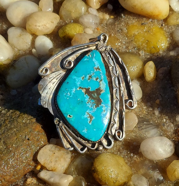 Vintage Mid Century Navajo Morenci Turquoise Sterling Silver Old