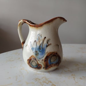 Vintage Keramos Mexico Tonala Blue Bird Stoneware Milk Jug Pitcher Hand Painted Mexican Folk Art Pottery