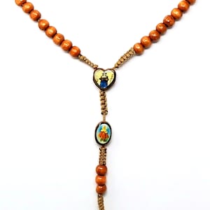 Vintage Wood Rosary Wooden Prayer Beads Necklace Religious Icons