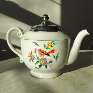 Antique Royal Rochester Royalite Teapot: Bird & Floral Cottagecore Decor