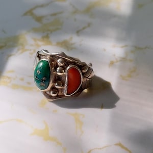 Vintage Navajo Sterling Silver Turquoise and Coral Ring US Size 6.25