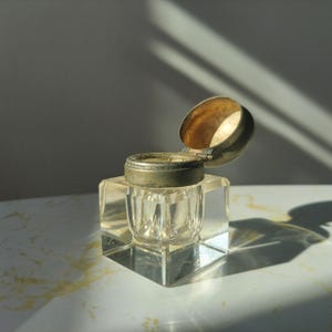 Antique Faceted Crystal Glass Inkwell with Silver Hinged Lid