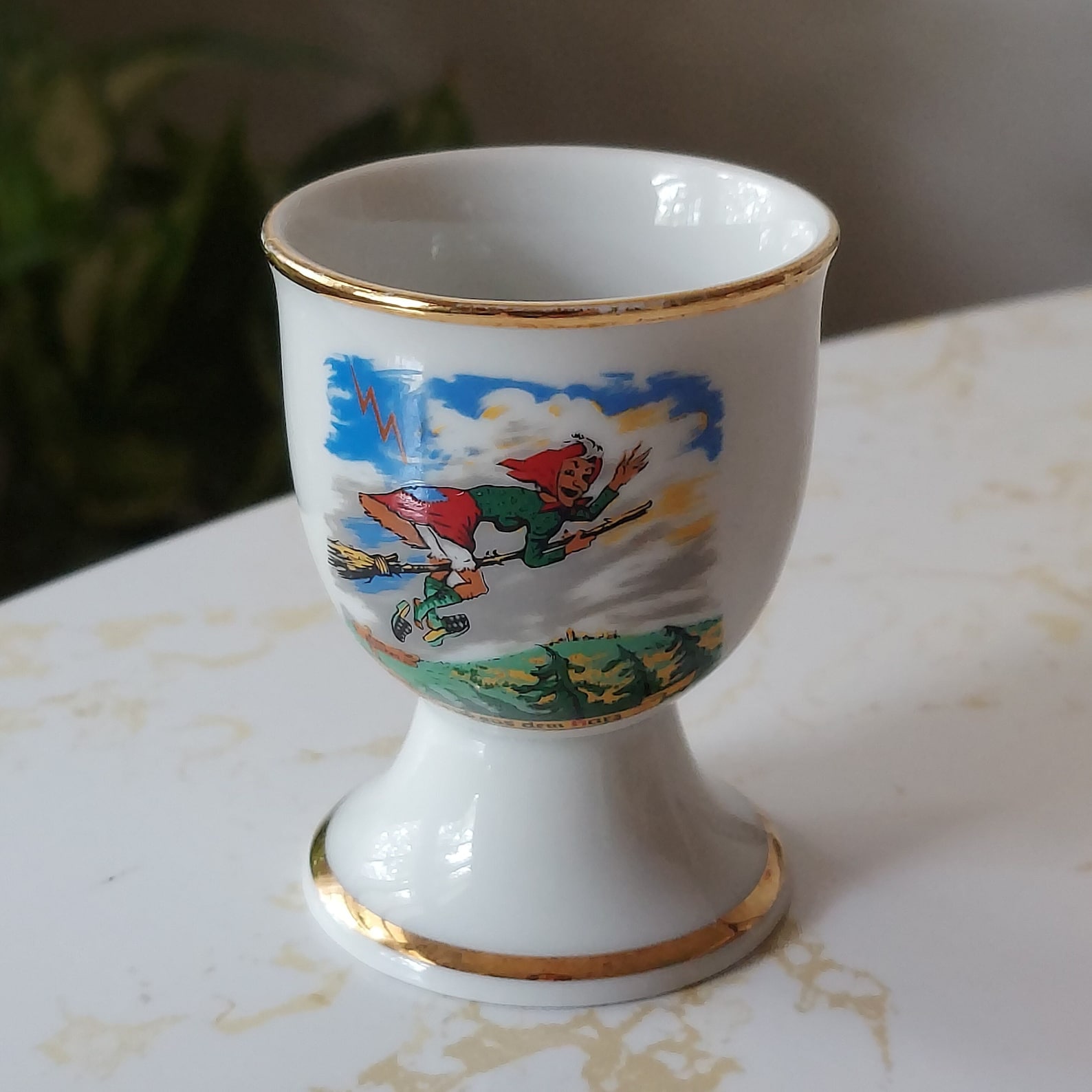 Vintage German Porcelain 'Gruss Aus Dem Harz' Walpurgisnacht Witch Souvenir Egg Cup 'Greetings from the Harz' Mountains Germany