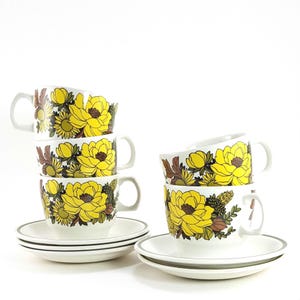 Vintage Grindley Mayflower Ironstone Cups and Saucers: Retro Floral Set of 5