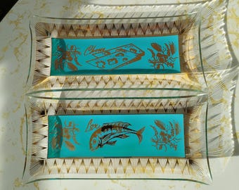 Platos vintage de cristal MCM Aqua & Gold para servir salmón ahumado y queso (juego de 2)