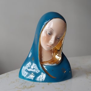 Vintage Pattarino Madonna Bust: Handpainted Porcelain Figurine, Teal Blue & Gold