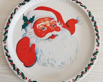 ヴィンテージ装飾ラウンドメタルサンタクロースクリスマストレイ