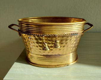 Vintage Hammered Brass Oval Planter Cachepot with Handles, Rope and Tassel Details, Cottage Home Decor