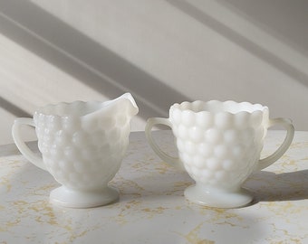 Vintage Mid Century Anchor Hocking White Bubble Milk Glass Sugar and Creamer Set
