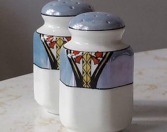 ヴィンテージ ブルーとマリーゴールドの光沢陶器製塩コショウ入れ