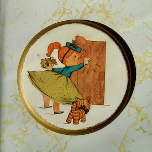 Vintage Kitsch Chalkware Plaque: 1950s Flower Girl & Cat Decor