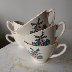 Vintage Transferware Ceramic Windmill Teacups Set of 5 Dutch Holland Netherlands Motif