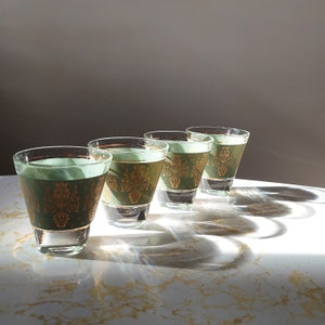 Vintage Mid-Century Jeanette Laurel & Lyre Green and Gold Glasses 1950s Set of 4