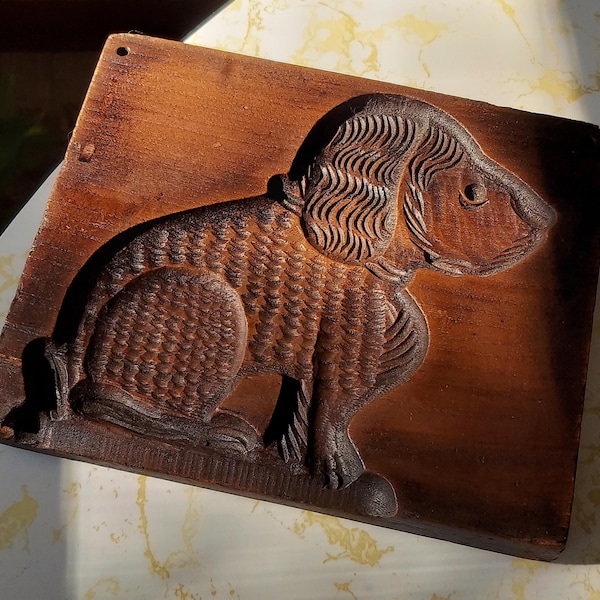 Molde de pão de mel antigo de madeira, esculpido à mão, placa de biscoitos de cachorro Speculaas, arte popular holandesa e alemã