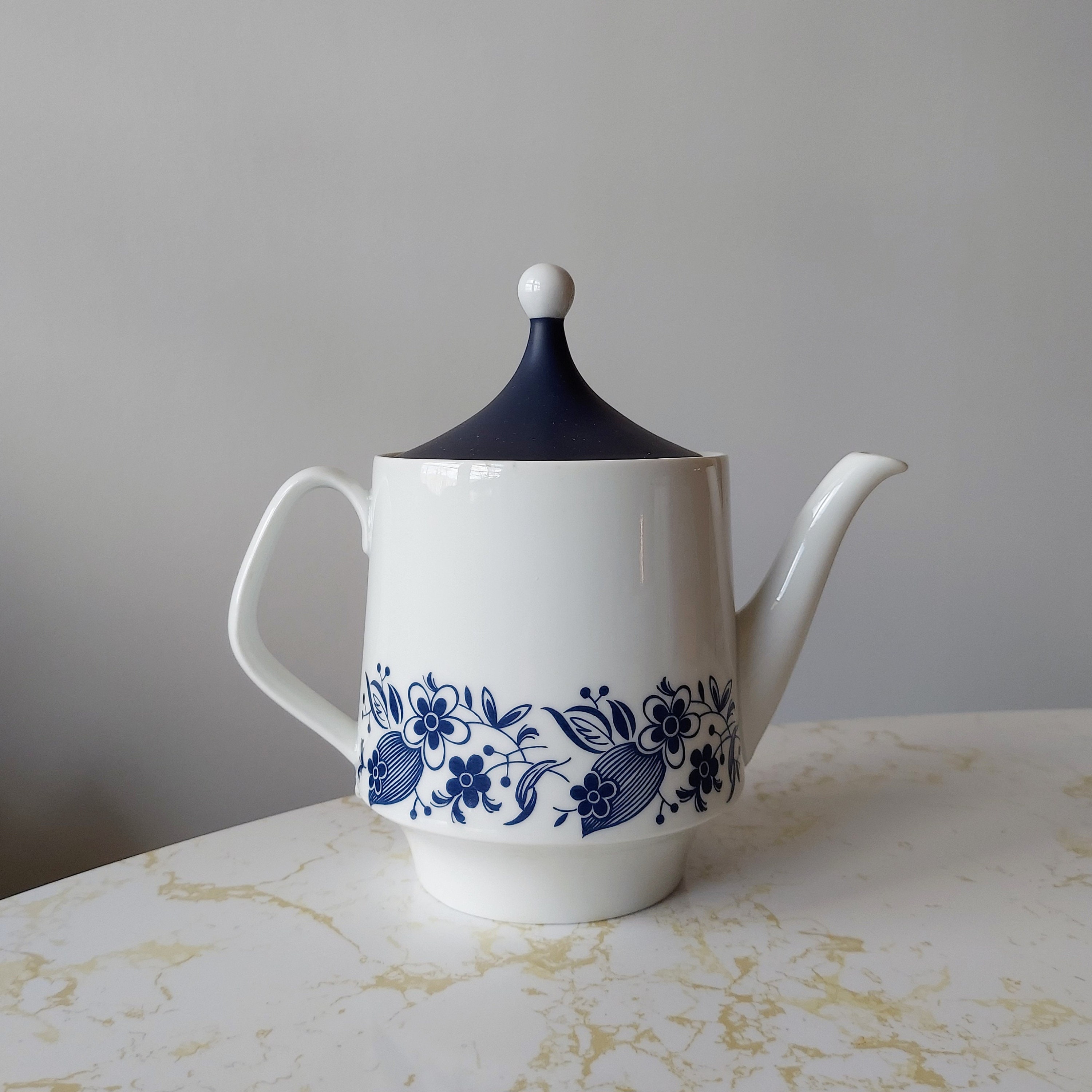 Vintage Schumann Arzberg Porcelain Tea Pot Dark Blue Floral on