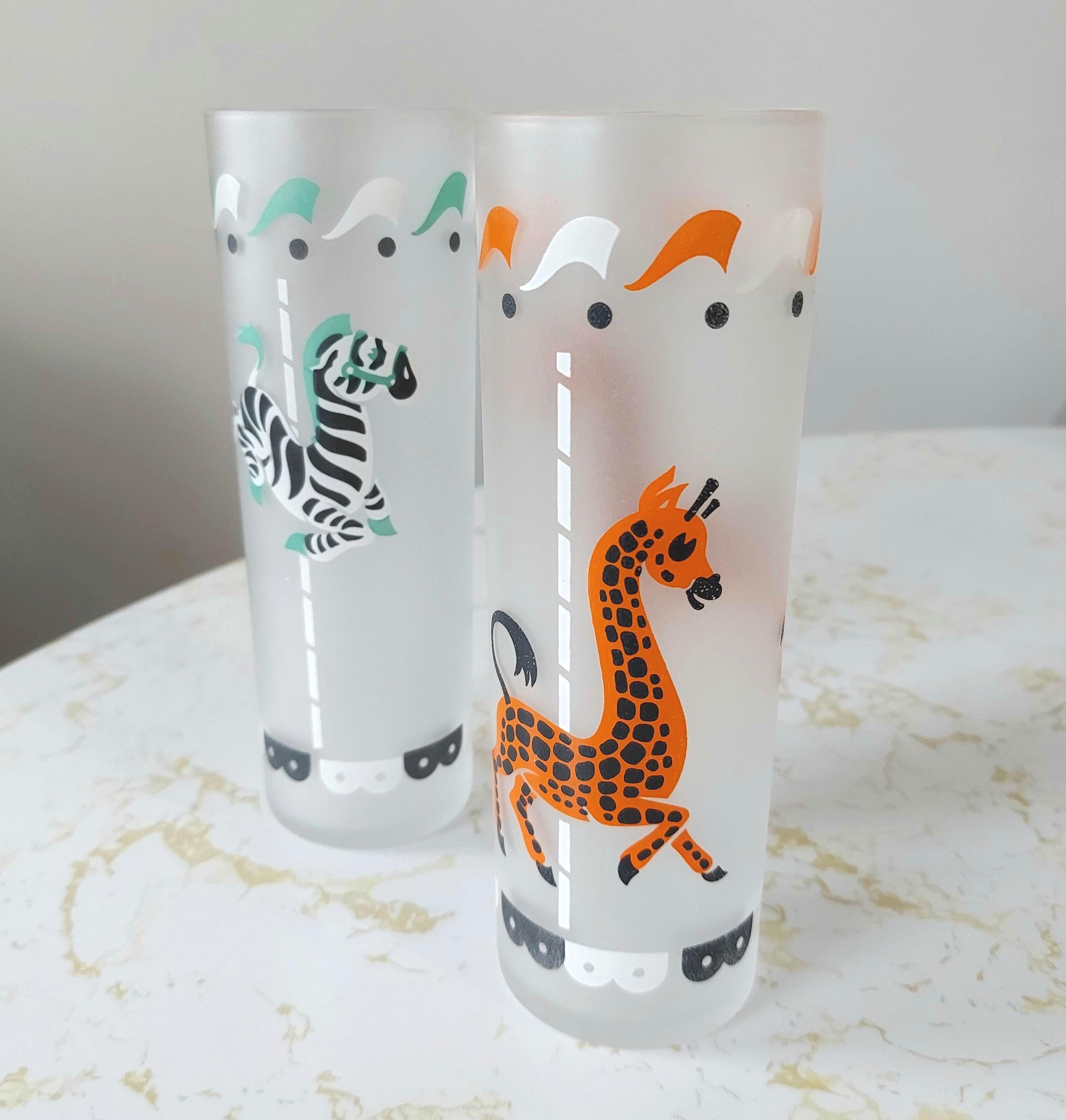 Vintage 1950s Carousel Animal Glasses Libbey Tall Frosted Tumblers
