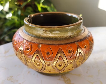 MCM Bitossi Italian Art Pottery Ashtray: Orange Green Gold Gilt Ceramic