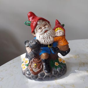 Vintage 1980s Hand Painted Ceramic Garden Gnome Figurine with Mouse and Baby