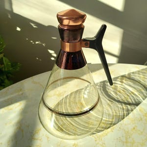 Vintage Mid Century Modern Inland Heat Proof Glass Coffee Carafe Copper Trim Cork Stopper Black Bakelite Handle