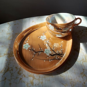 Vintage Cherry Blossom Peach Lusterware Tea Cup Snack Sets, Made in Japan